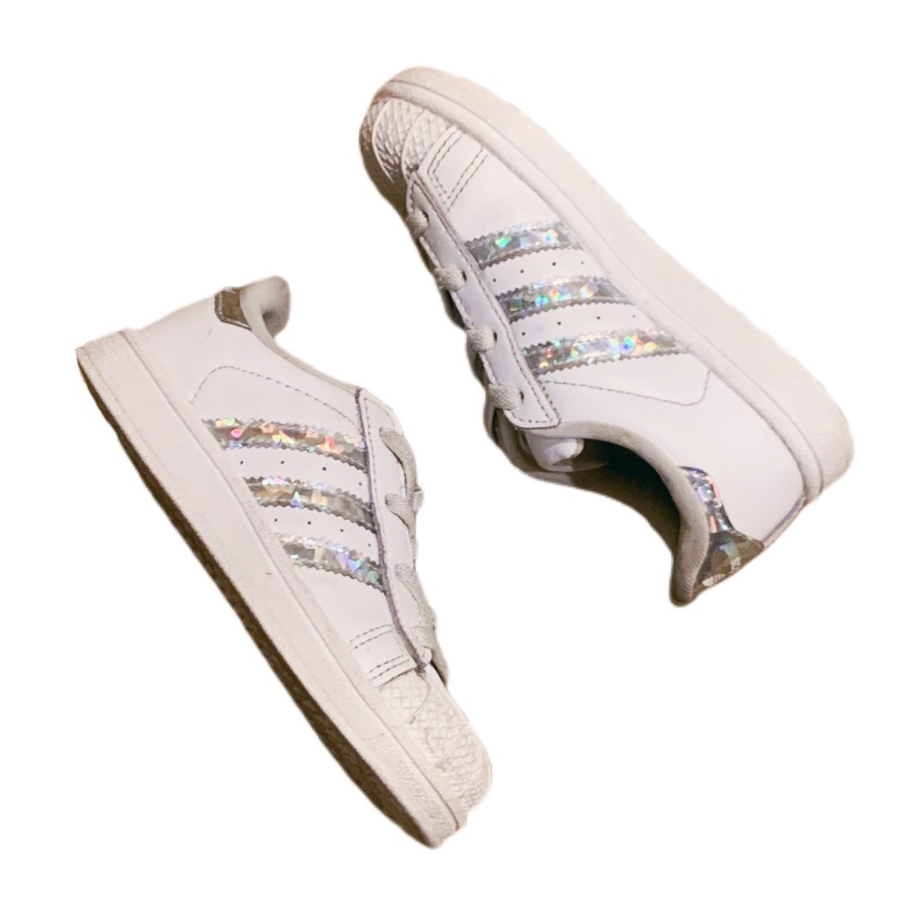 White holographic Adidas superstars toddler size 9